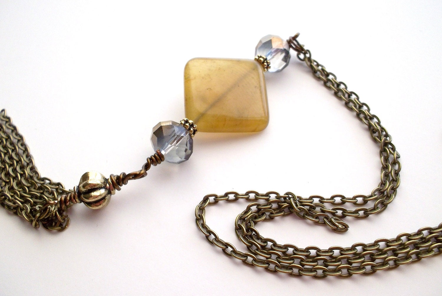 Antique Brass and Polished Stone Tassle Pendant Vintage Inspired Long Necklace