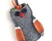 Felted Wool Gray, Orange & Cream Owl Gift Card Holder / Ornament, Upcycled Recycled, Green Christmas Decoration, Birthday, Hostess Gift