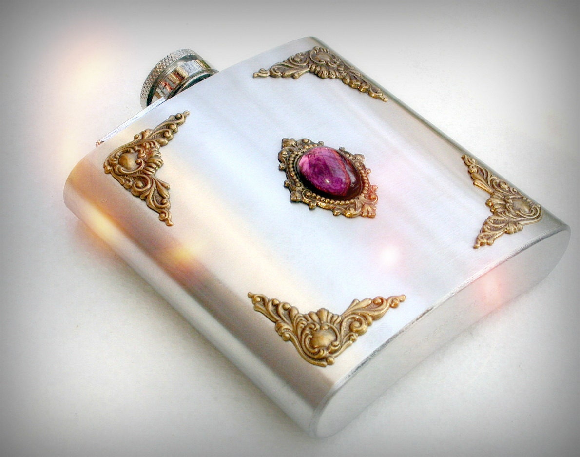 Amethyst and Brass on Stainless Steel Hip Flask - 6 oz