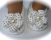 Limited Edition white crochet baby girl mary janes shoes ballet slippers pink black polka dot flowers pearl rhinestone