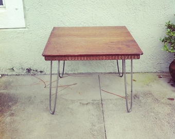 SALE Reclaimed Recycled salvaged wood coffee, side, nightstand table. Modern rustic hairpin legs. Wood detail