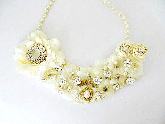 Ivory bib wedding necklace sea glass floral locket