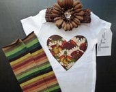 Thanksgiving Turkey Heart Shape Applique Onesie with Matching Leg Warmers and Flower clip headband Girl Set Fall Autumn
