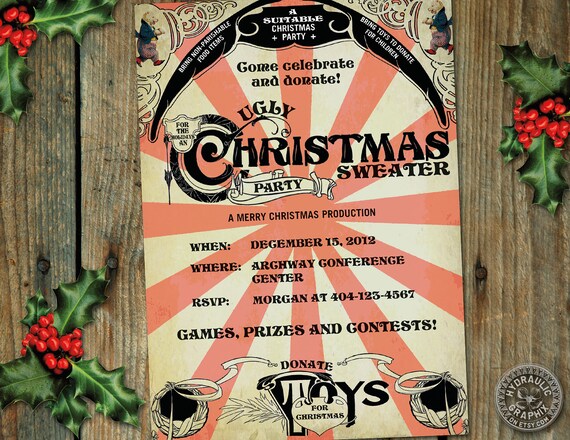 Tacky or Ugly Christmas Sweater Party Invitation for charity, donations, canned food drive, company, fundraiser event, classic vintage Il_570xn