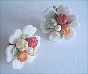 Art Deco Milk Glass Fruit Salad Flower Earrings 1930s Vintage Jewelry
