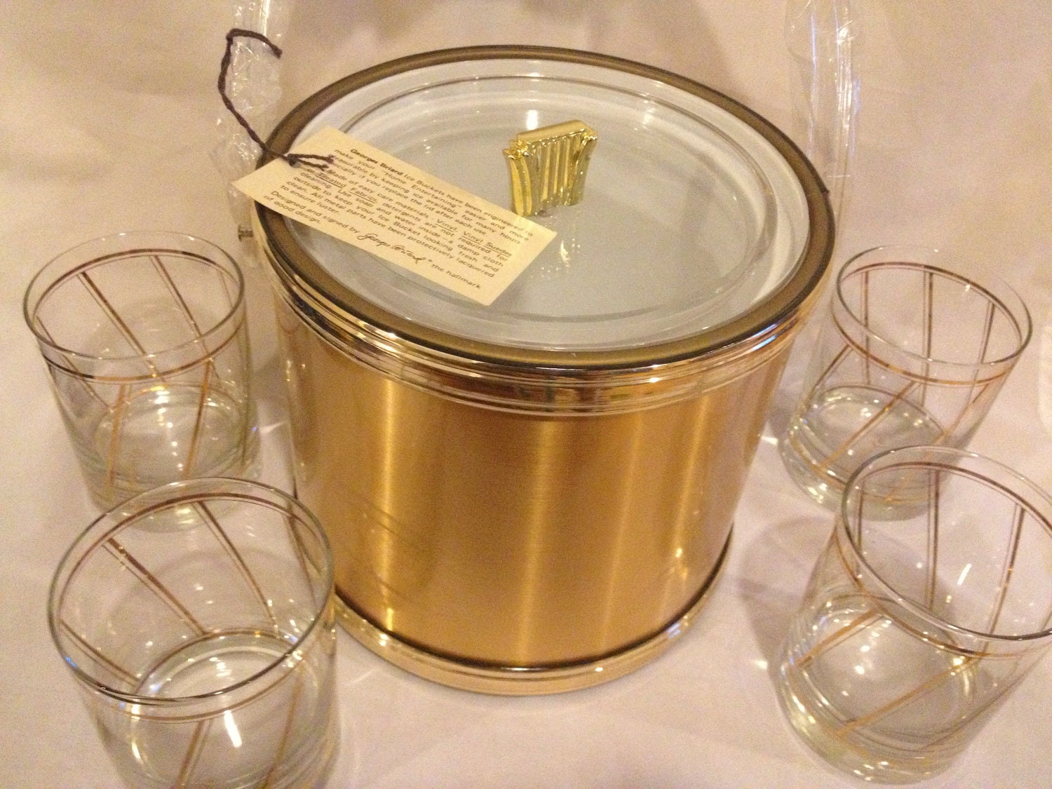 Georges Briard Ice Bucket and 4 Glasses- Never Used with Box 1980s