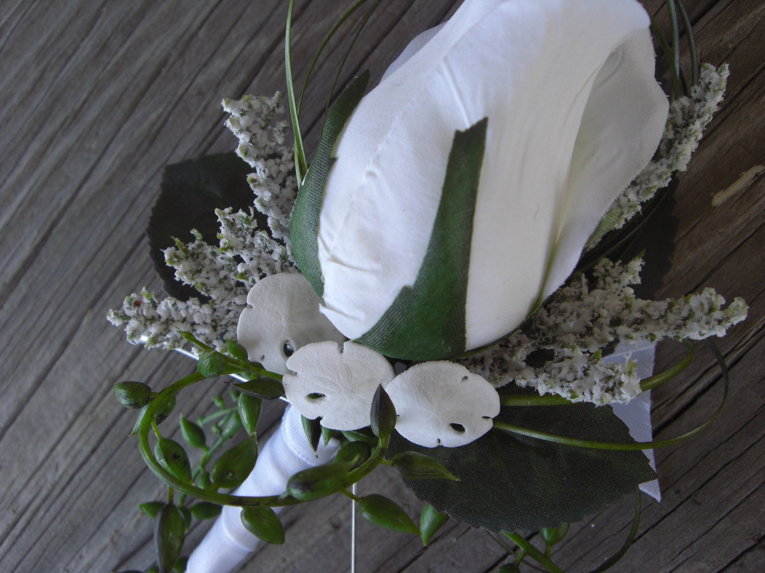 Wedding Boutonniere in White Rose with Sand Dollars and Tropical Foliages