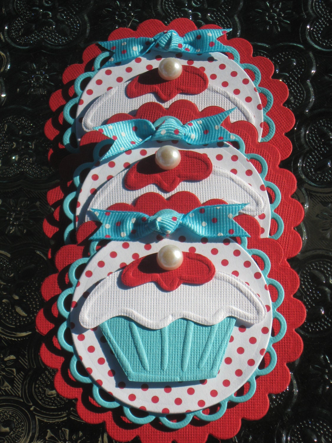 Cupcake scrapbook embellishments in aqua turquoise and red for birthday valentines day card topper
