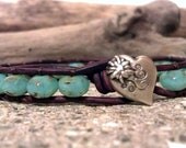 Shabby Chic Seafoam Opal Picasso Beaded Leather Wrap Bracelet, Boho, Czech Glass