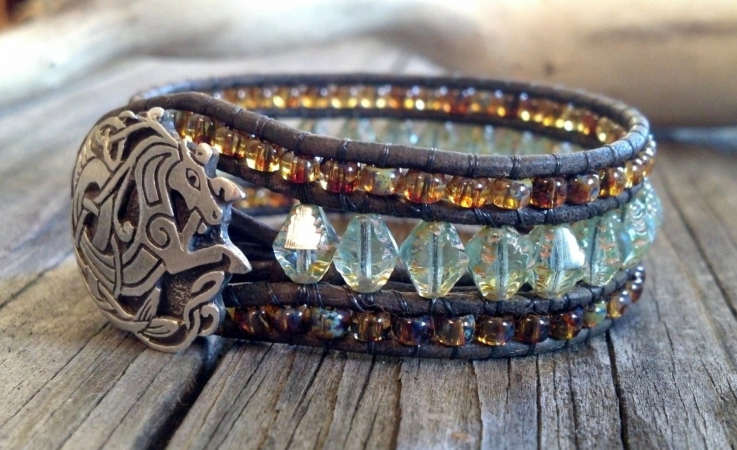 Leather wrap bracelet, Leather Cuff Bracelet, Beaded Cuff, Glam, Boho, Aqua Picasso