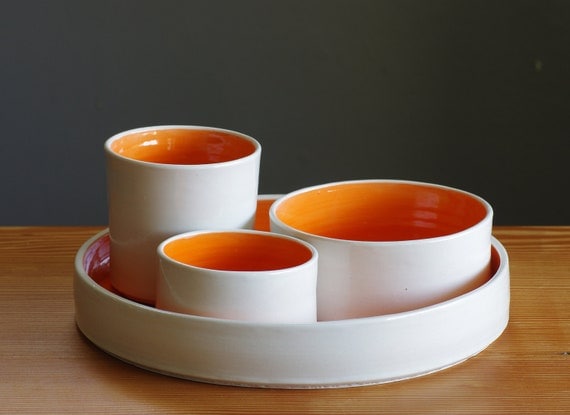 SALE orange white halloween hostess party tray set modern pottery minimal ceramic