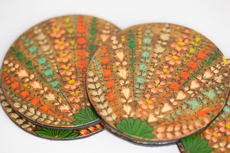 Lacquer Painted Wood Coaster Set Felt Back