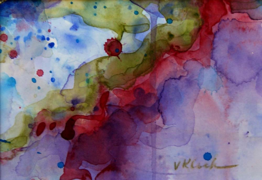 Original modern art abstract, olive green, purple, blue and red with white mat, 4.5 x 6.5, Titled, One by Victoria Kloch