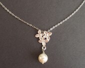Three flower and Pearl white gold necklace- Bridesmaid,Wife, Girlfriend, Mothers Gift Idea