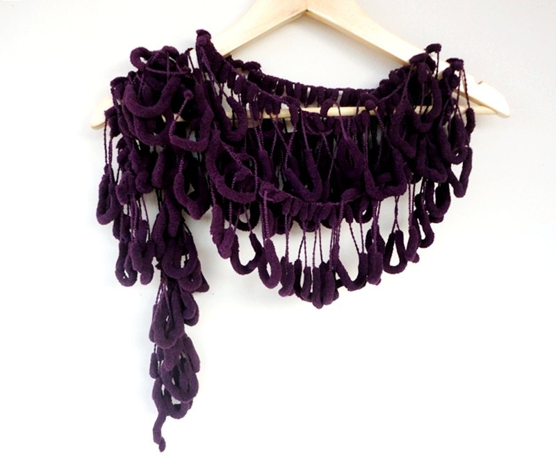 Curly Mulberry Dark Purple Long Pompom Handcrochet Neckwarmer Scarf Necktie Wrap