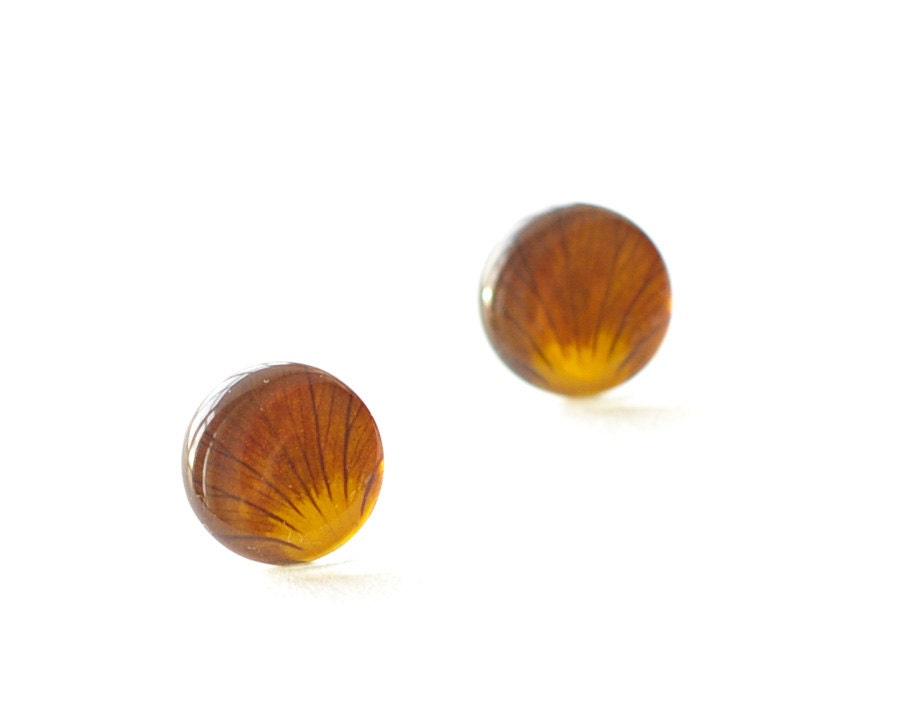 Real Viola Petals Earrings - Brown mustard pansy earring post - Viola petals resin jewelry