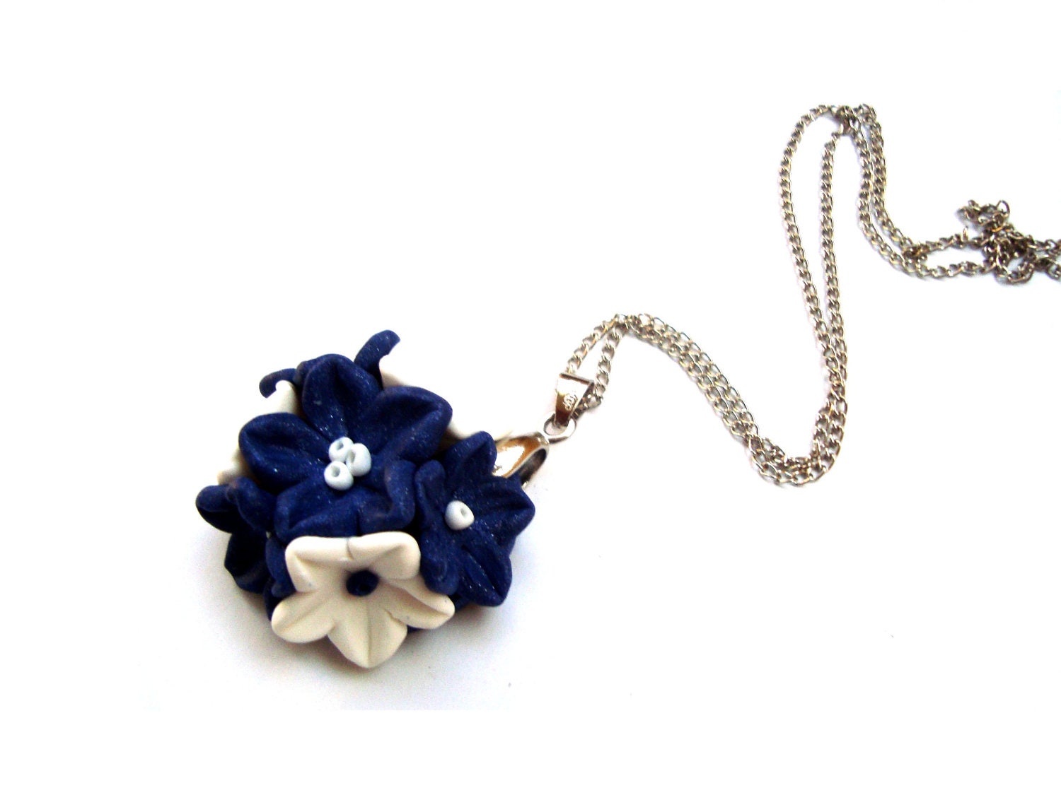 Bouquet Flowers Pendant Necklace. White and Blue Jewelry