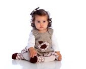 BABY GIRL DRESS - bird applique - beige brown pink - natural wool