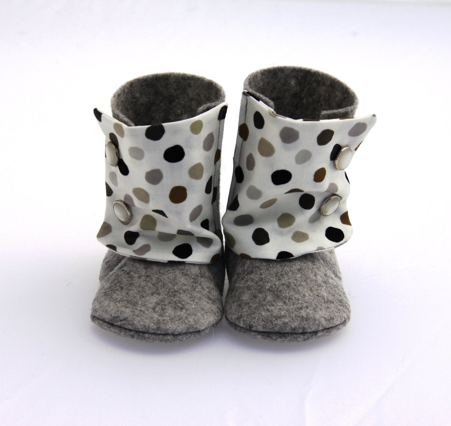 BABY BOOTIES Boy and Girl - 100% Felt and Cotton - Grey, beige, brown and black dots