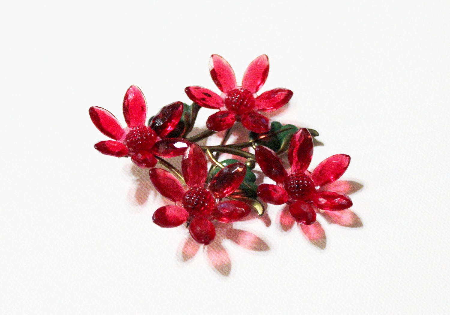 vintage pin 1930s celluloid ruby red moulded plastic green on goldtone metal floral flower brooch rare - LisaLoot