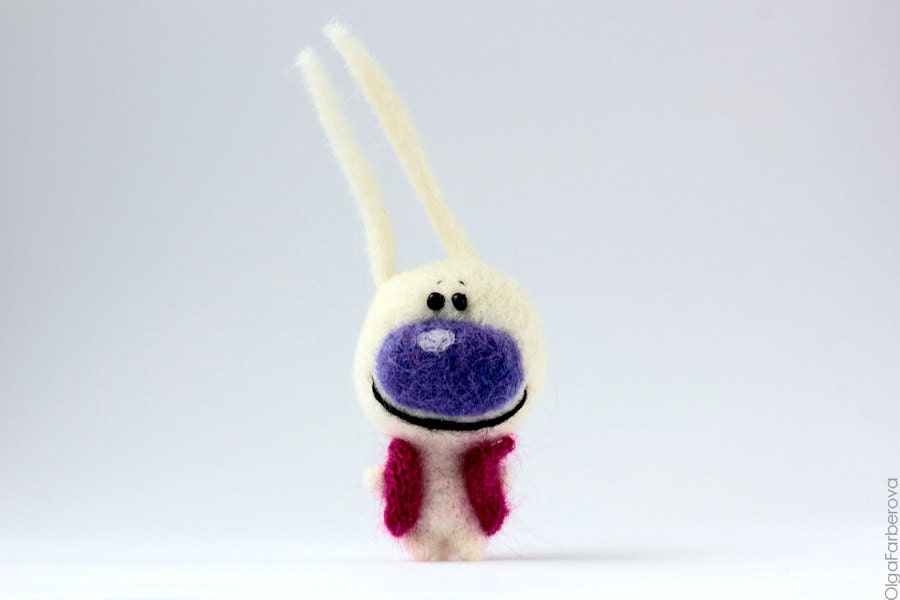 FREE SHIPPING - White hare - Needle felted animal - OOAK - Lilac, white, black, vinous colors