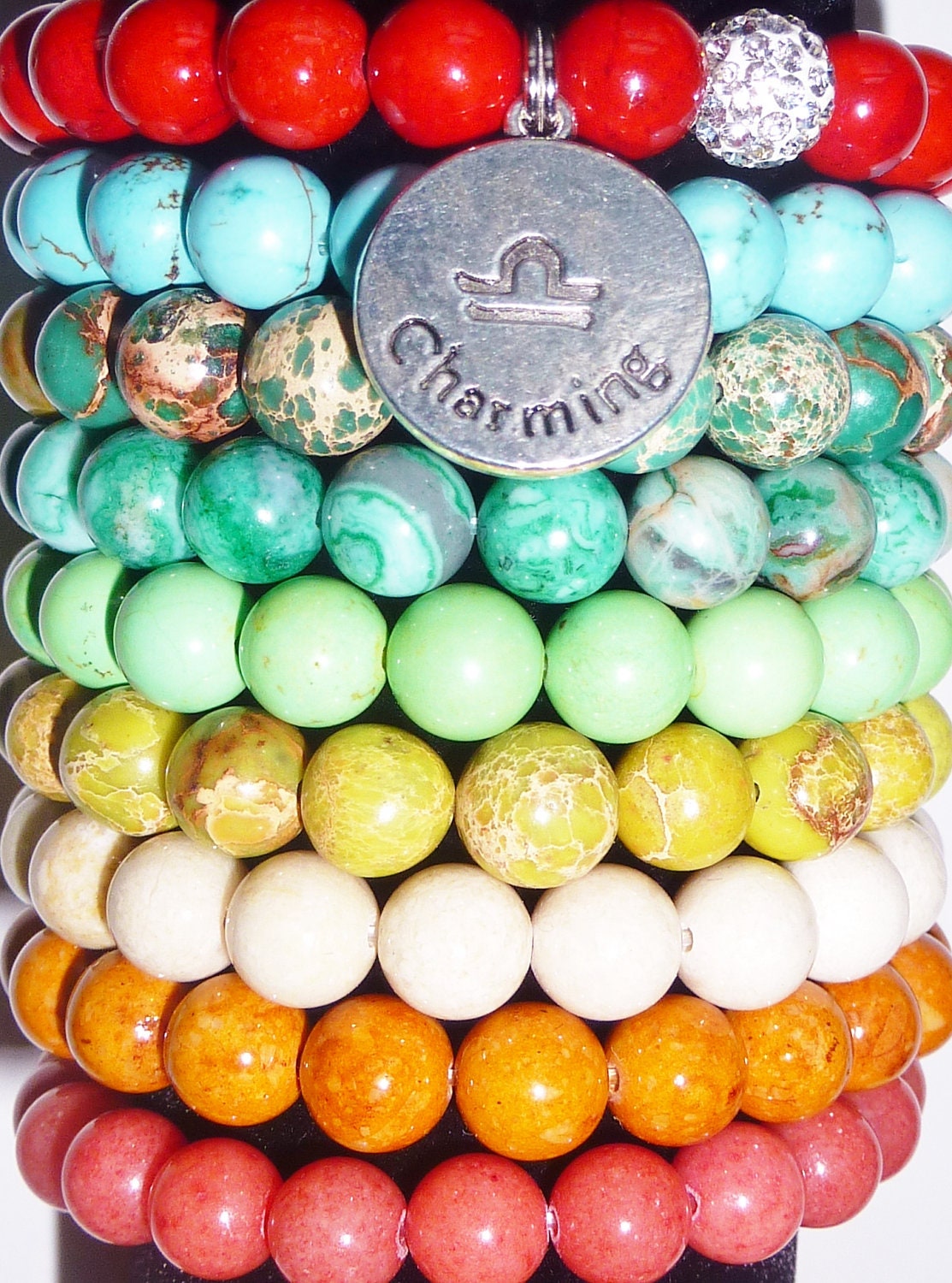 Gemstone Beaded Bracelet with Doublesided Antiqued SILVER Zodiac Charm and SILVER Shamballa Ball