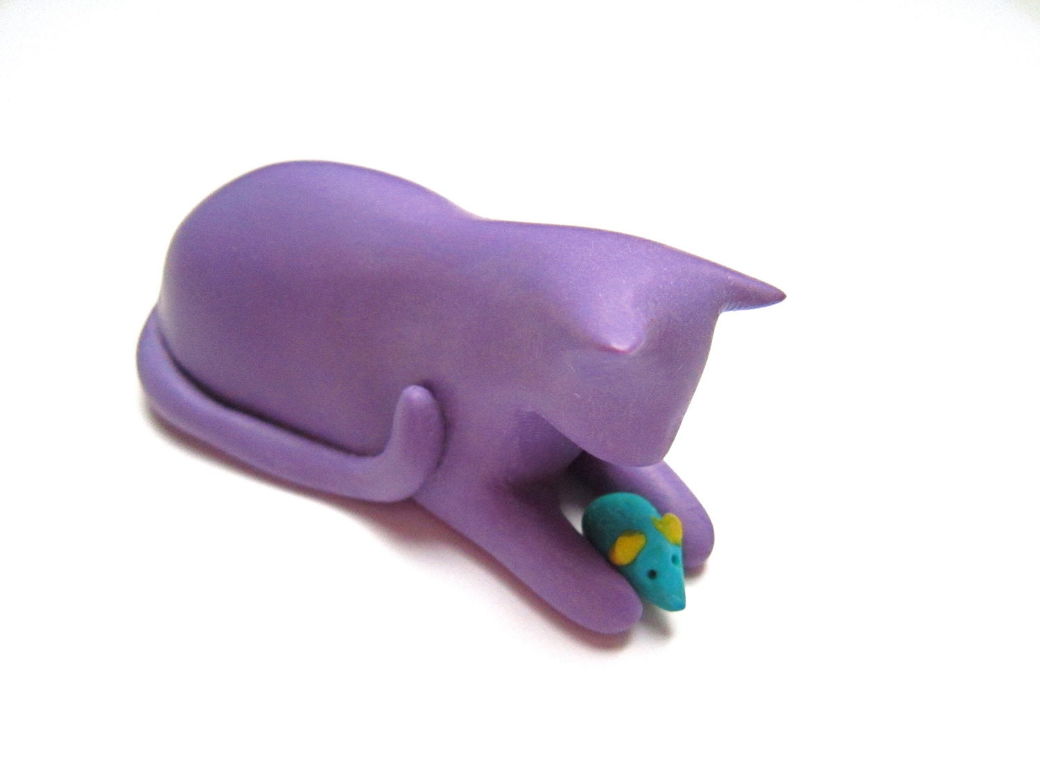 Little cat with toy mouse polymer clay sculpture lavender purple decoration hand made OOAK