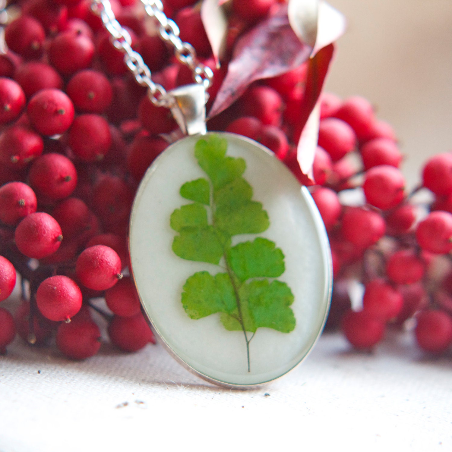 pressed fern christmas tree pendant handmade real winter holiday botanical resin necklace studiobotanica