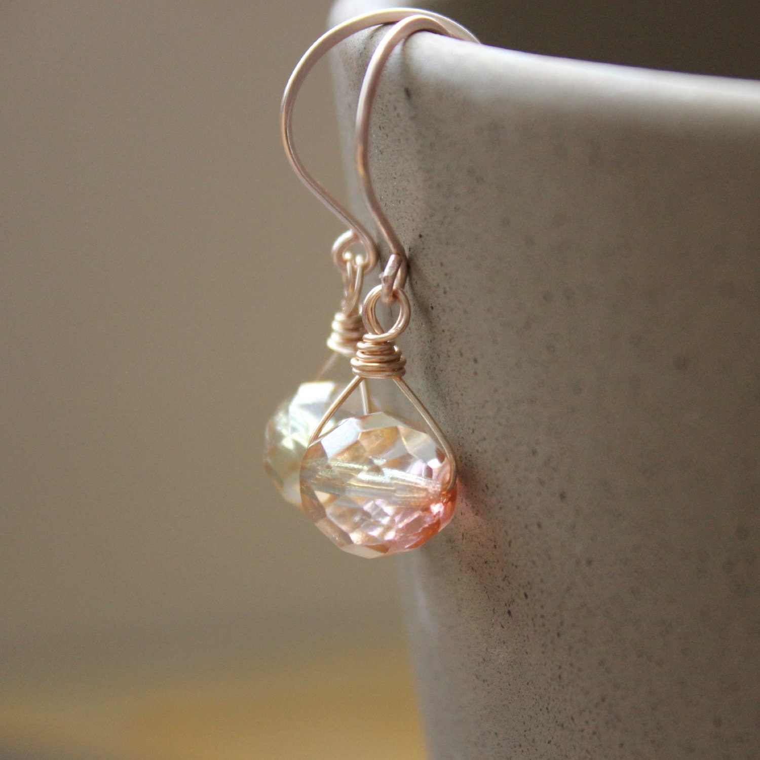 SALE Rose colored wire wrapped Champagne Czech bead earrings bridal--"Champagne Blush"