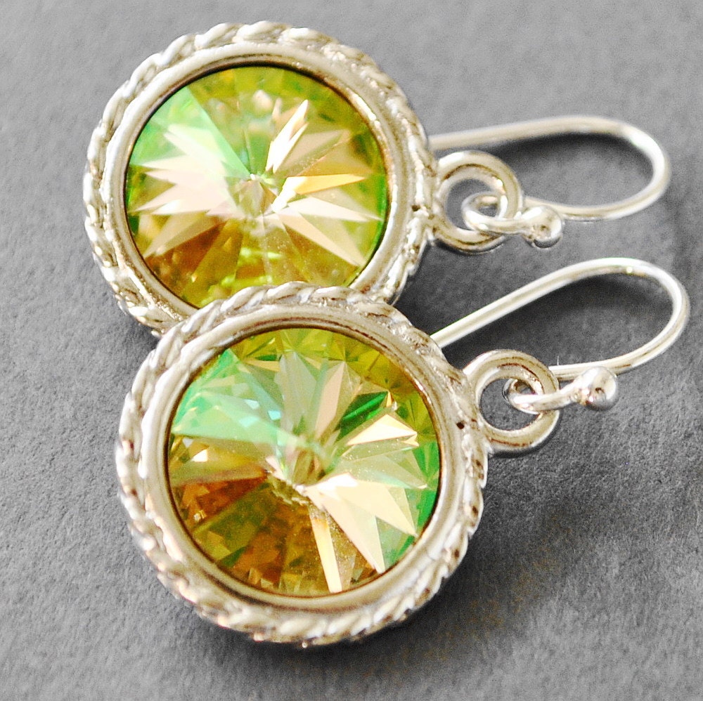 Swarovski Crystal Earrings, Green Amber Swarovski Drop Earrings, Swarovski Rivoli Dangle Earrings, Handmade Sterling Silver Jewelry