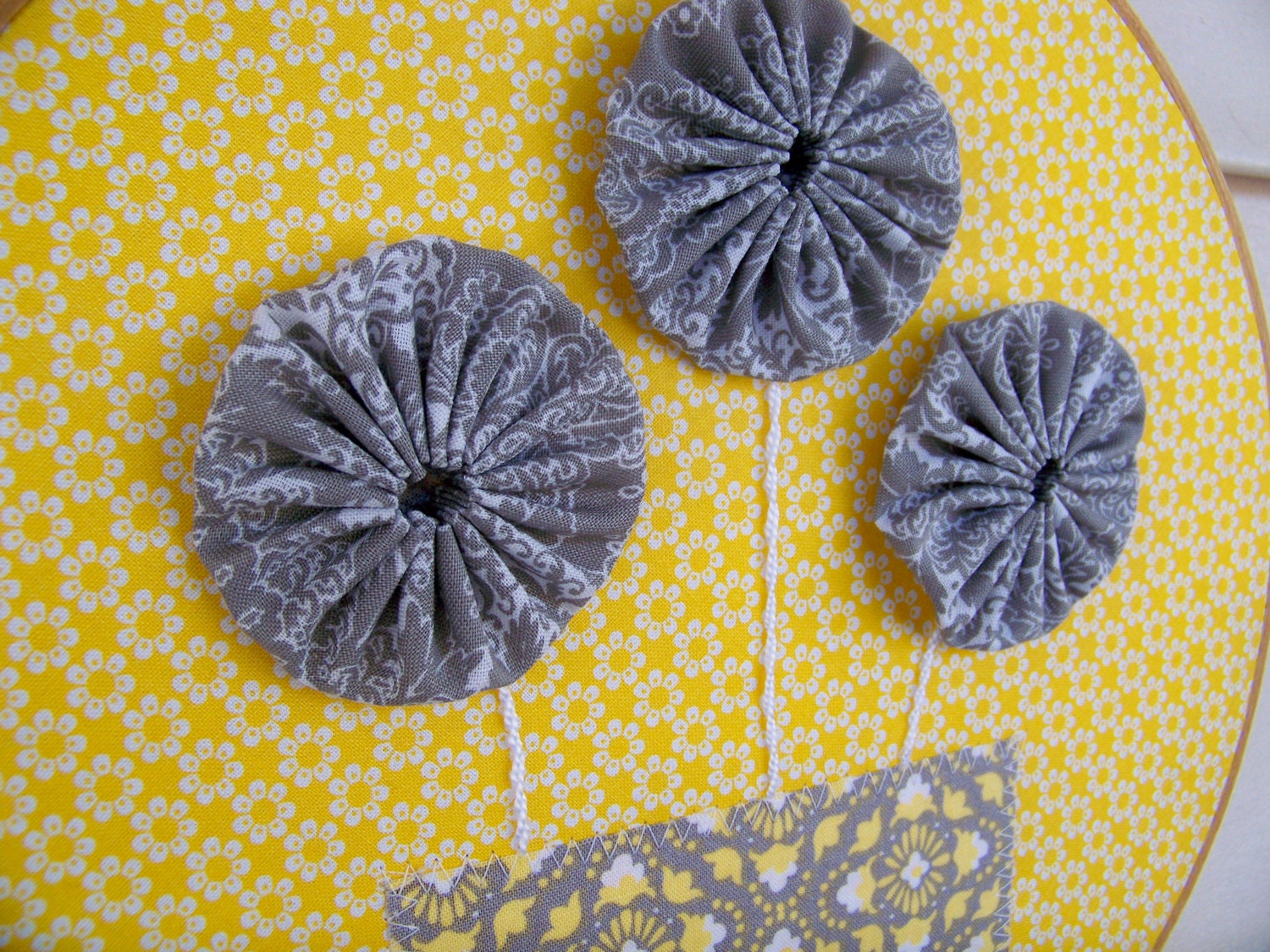 Embroidery Hoop Art Home Decor Grey Flowers and vase on Yellow 10" hoop