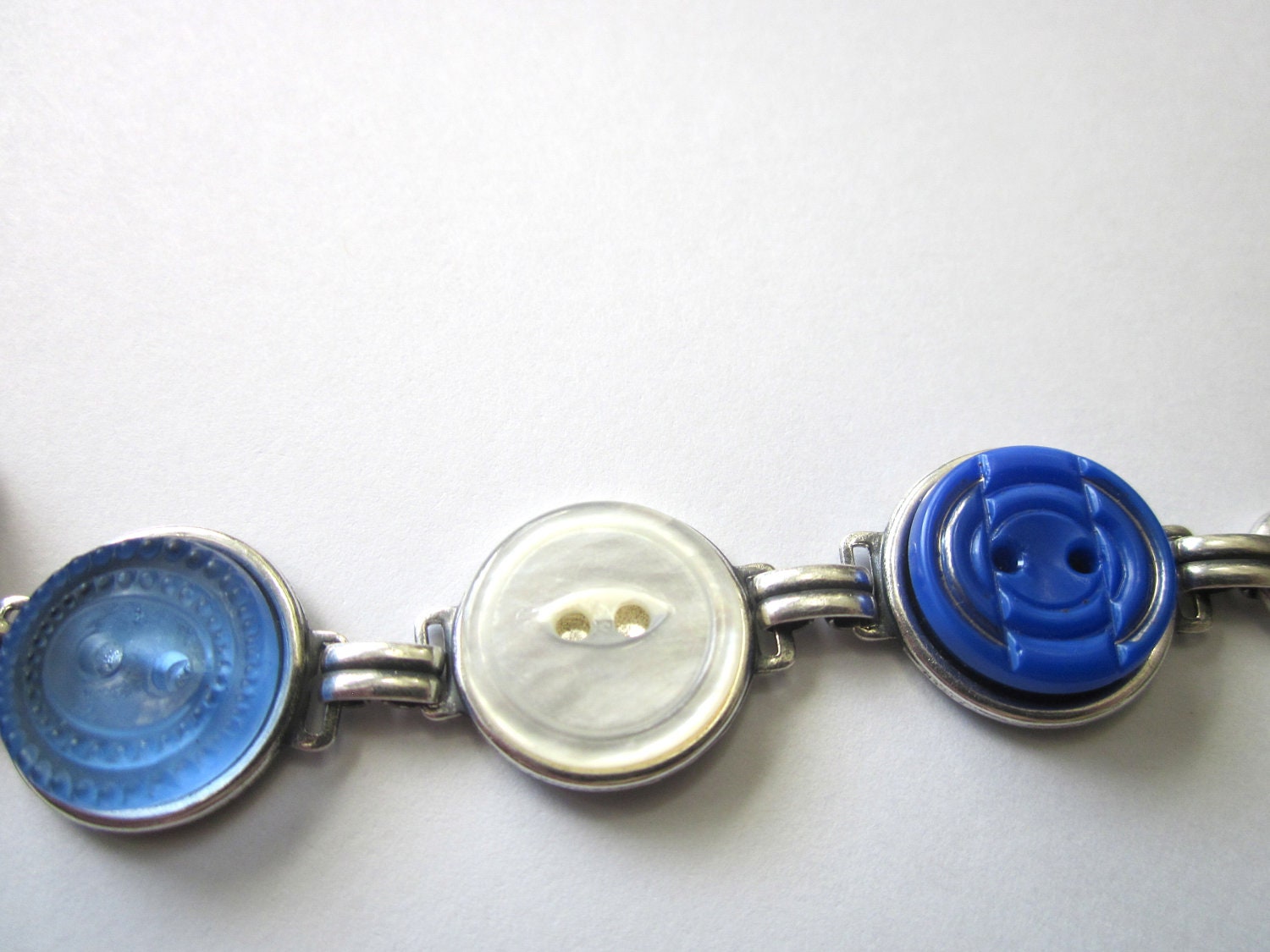 WATER POLO antique button bracelet, china stencil button, blue glass & shell buttons. One of a kind