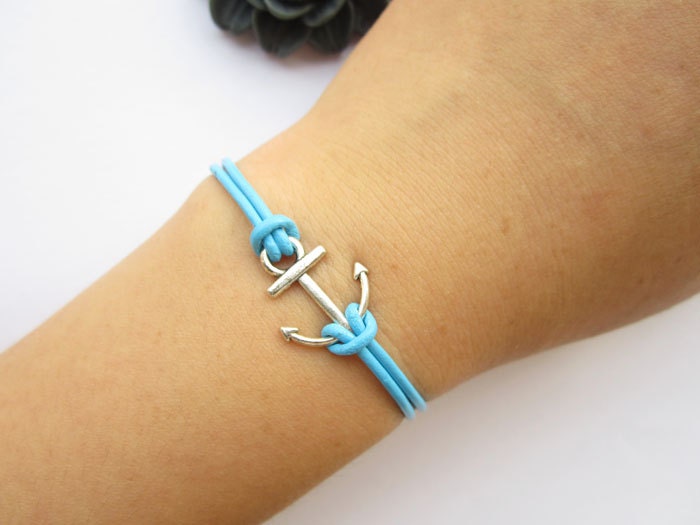 Symbol Bracelet---antique silver little anchor&light blue leather chain