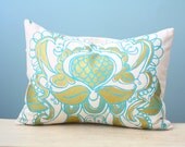 Ogee Lotus Flower Cover Decorative Cushion Throw 12x16 Lumbar Modern Design Turquoise Gold Hand-Printed Screen Print Hostess Gift