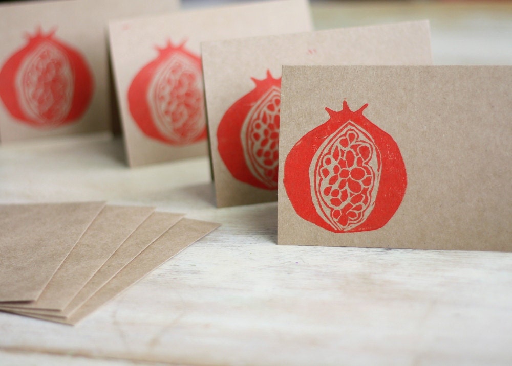 Blank Note Card Set of 4 Red Pomegranate Block Lino Cut Stamped Hand Printed Brown Kraft Envelopes Holiday Hostess Gift