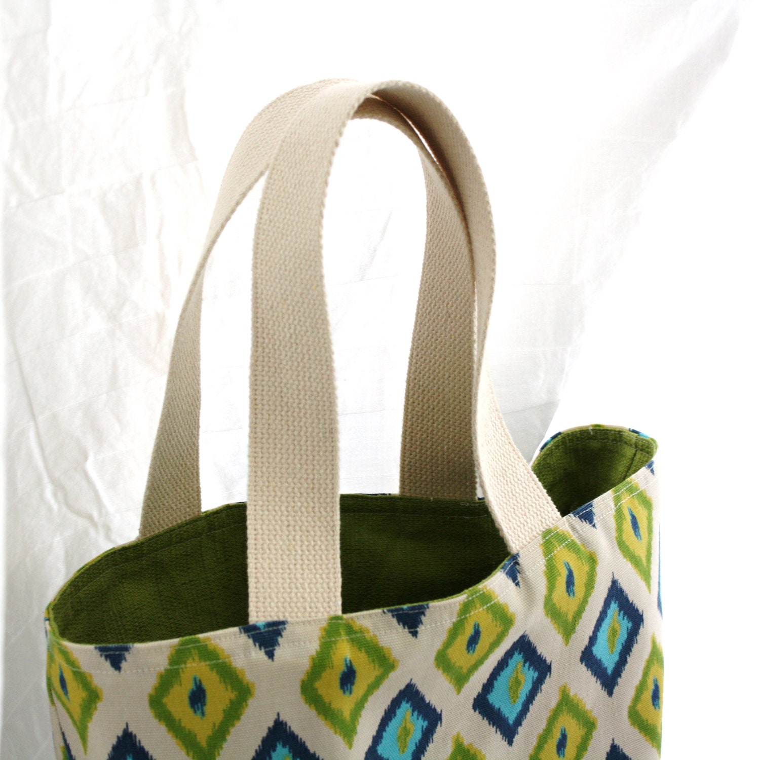 Market tote bag in green and blue ikat print. Reversible ikat tote bag. Large 14 x 16 book bag carry all