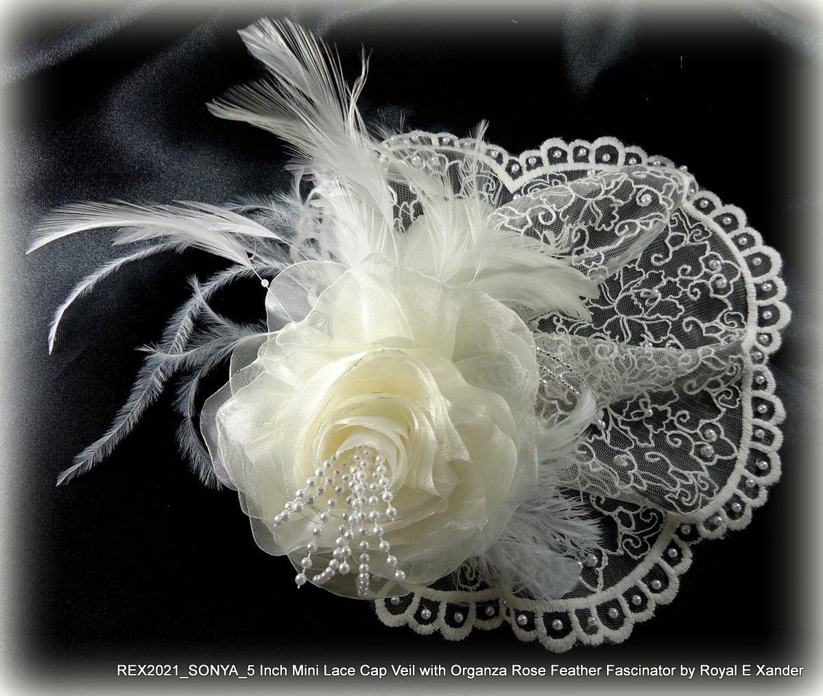 5 Inch Ivory Lace Mini Cap Veil Adorned with Pearls  Detachable Organza Rose Fascinator