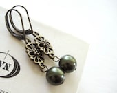 Green Pearl Earrings - filigree, flower, antique brass, victorian, edwardian, vintage style