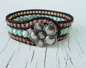 Beaded Cuff Bracelet, Blue Green Pink and Topaz, Leather Cuff, Boho Bohemian, Beachy Beach chic, Flower Cuff, Mint