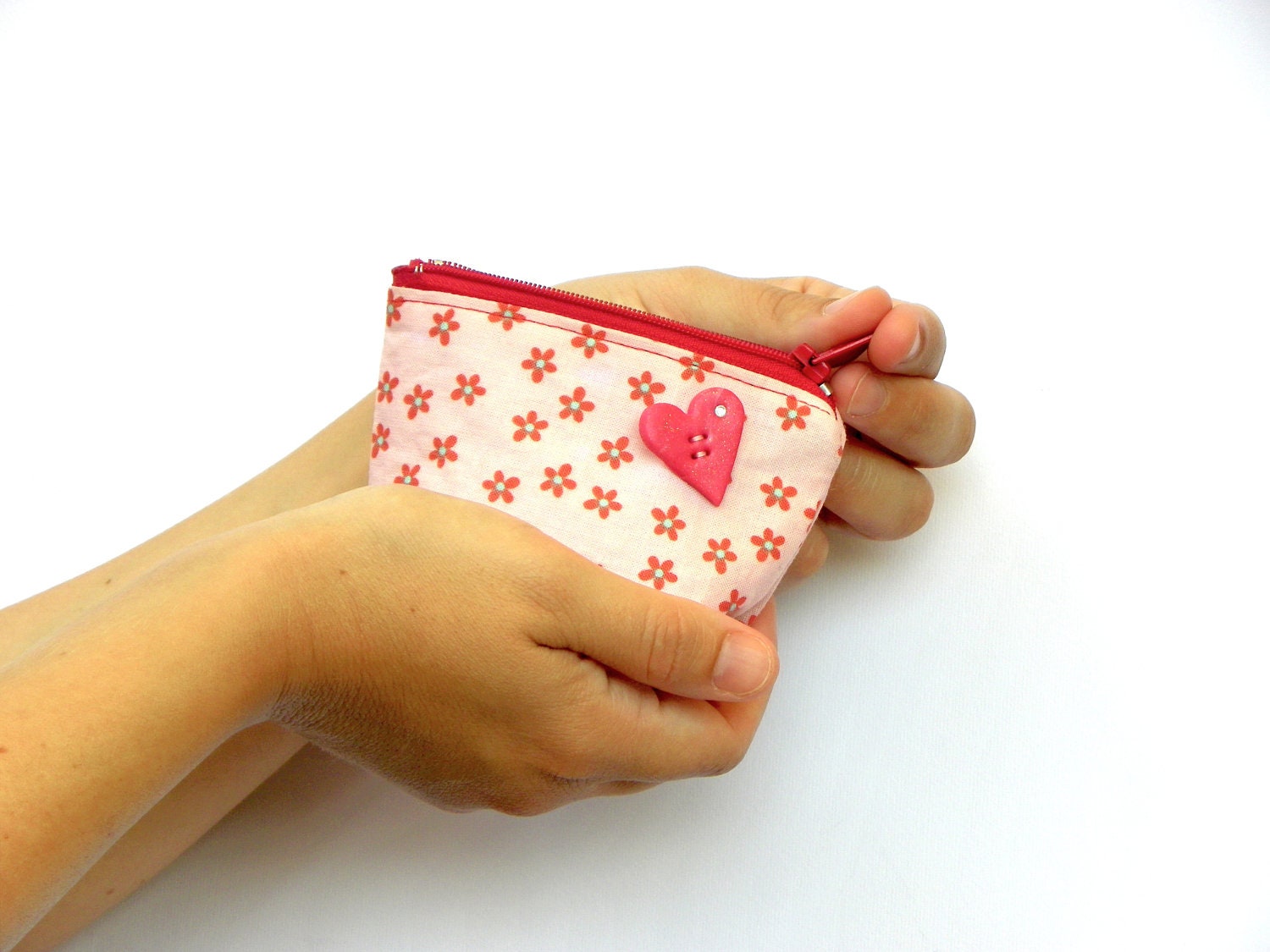 Change Purse, Coin Purse, Change Wallet, Money Purse, Red and Pink, Zippered, Small Cosmetic Pouch