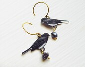 Dark Eyed Junco Earrings, Shrink Plastic Earrings, Charcoal Gray, White, Freshwater Pearls, Shabby Chic, Wearable Art