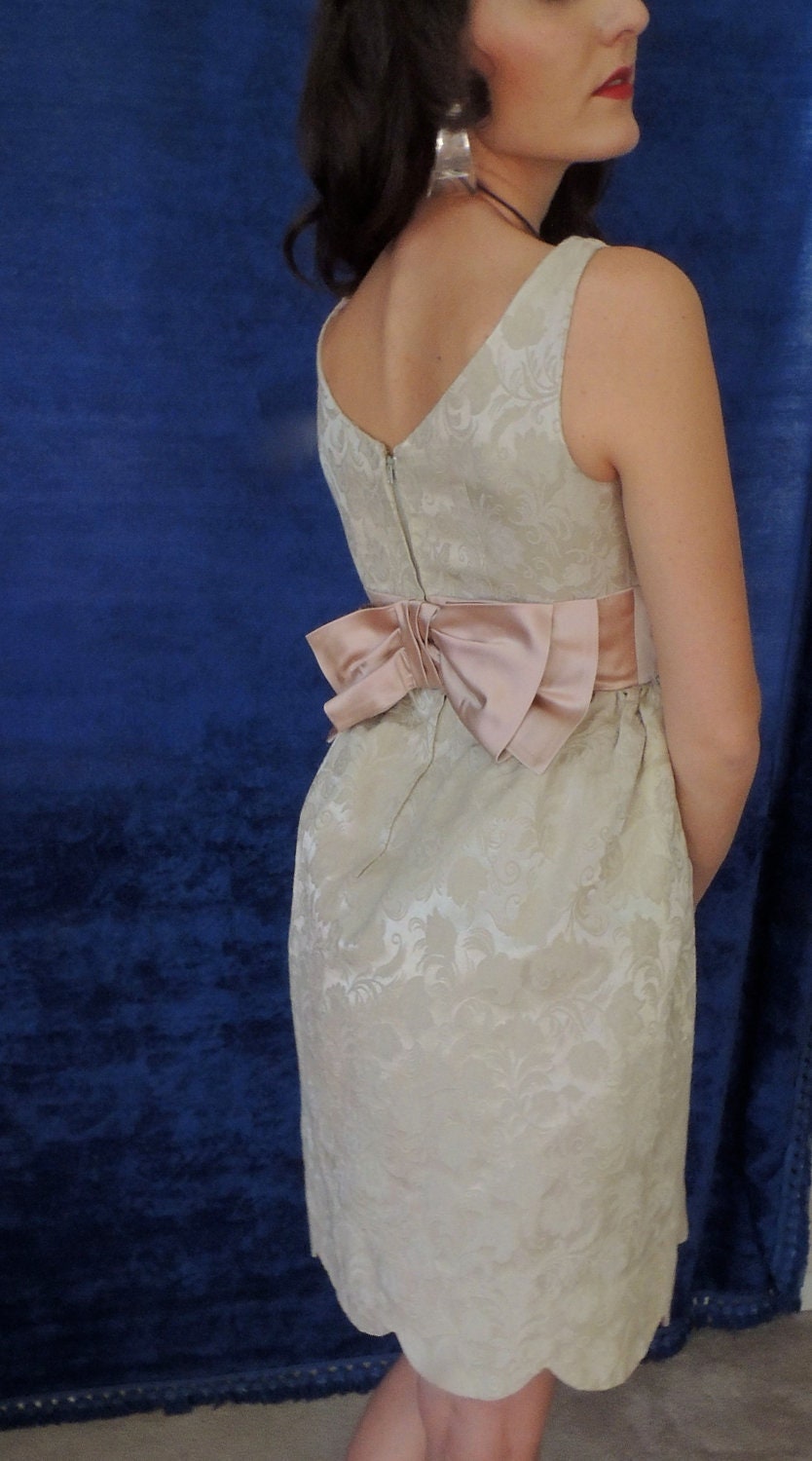 Brocade Prom Dress 1960s Vintage/ Tulle,Satin, Petal Hem, Gold/Cream Brocade, Back Pink Bow