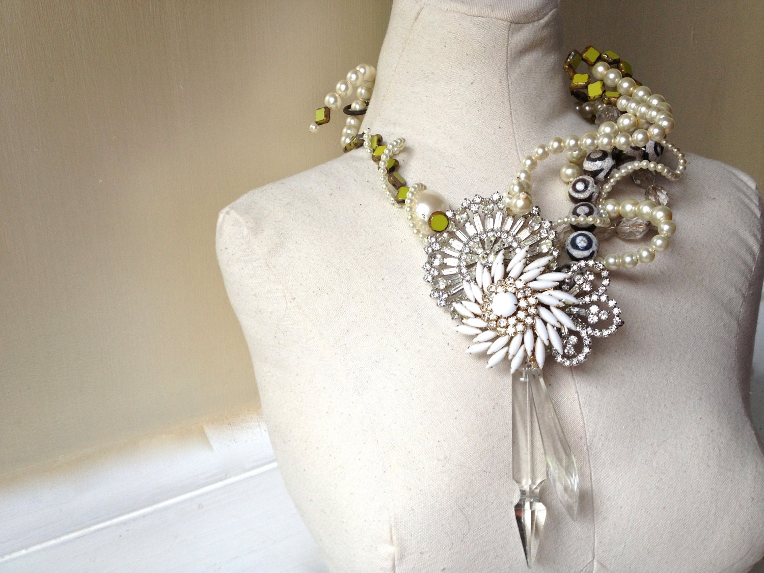 Holiday Wedding Brooch Rhinestone Pearl Necklace in Crystal, Agate, Cream & Chartreuse Chandelier Statement Jewelry by ZILLAS QUEEN - ZiLLAsQuEeN