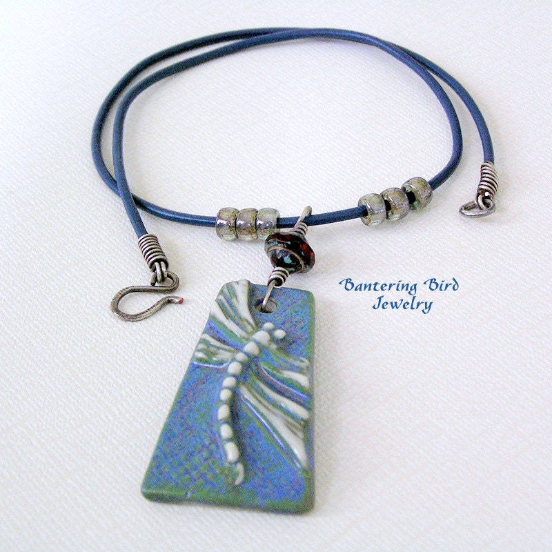 Blue Dragonfly Necklace on Leather Cord Artisan Ceramic Pendant with Glass Beads Sterling Silver