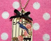 Blue Bird In Cage With Pink Rose Flowers Wooden Pendant Necklace