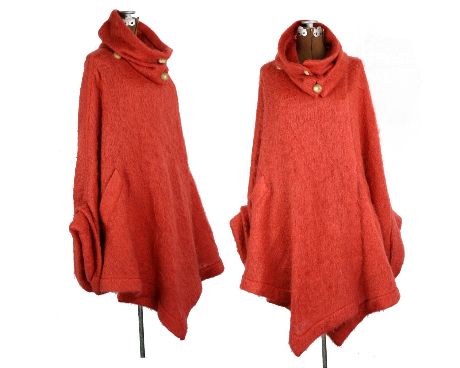 1960s Jean Patou Knit Mohair Cape Coat / Rust Orange / XS S M L Xl