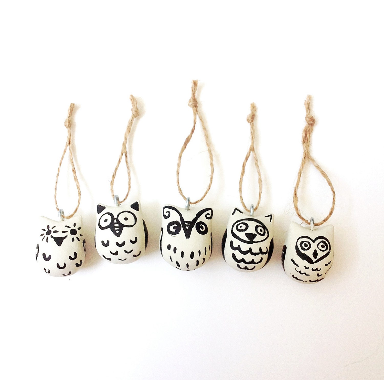 Owl Christmas ornaments - set of 5 - black and white - cute - woodland folk - neutrals - autumn - birds - oneeyeddog