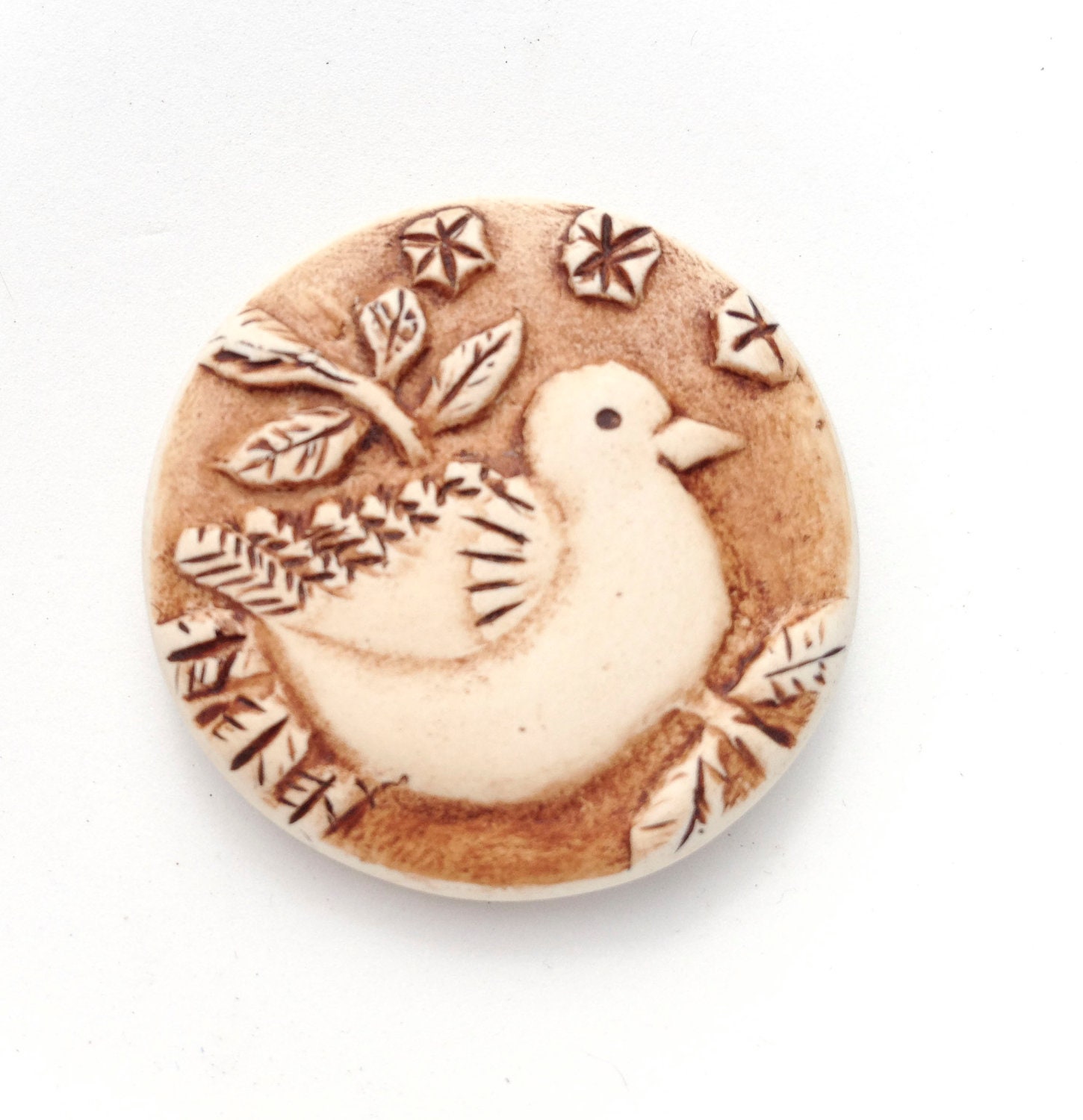 Rustic Bird on a Branch Polymer Clay Pendant