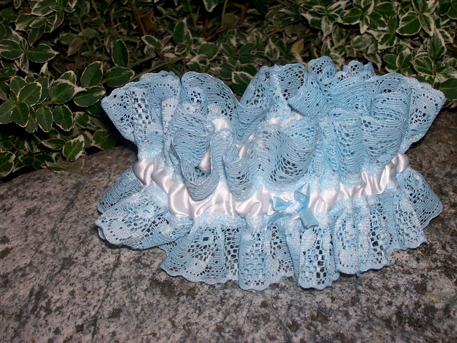 Upcycled Steampunk Clothing,  Wedding Garter,  Something Blue, White (with Blue Lace Trim and Mini Blue Bow) Tim Burton