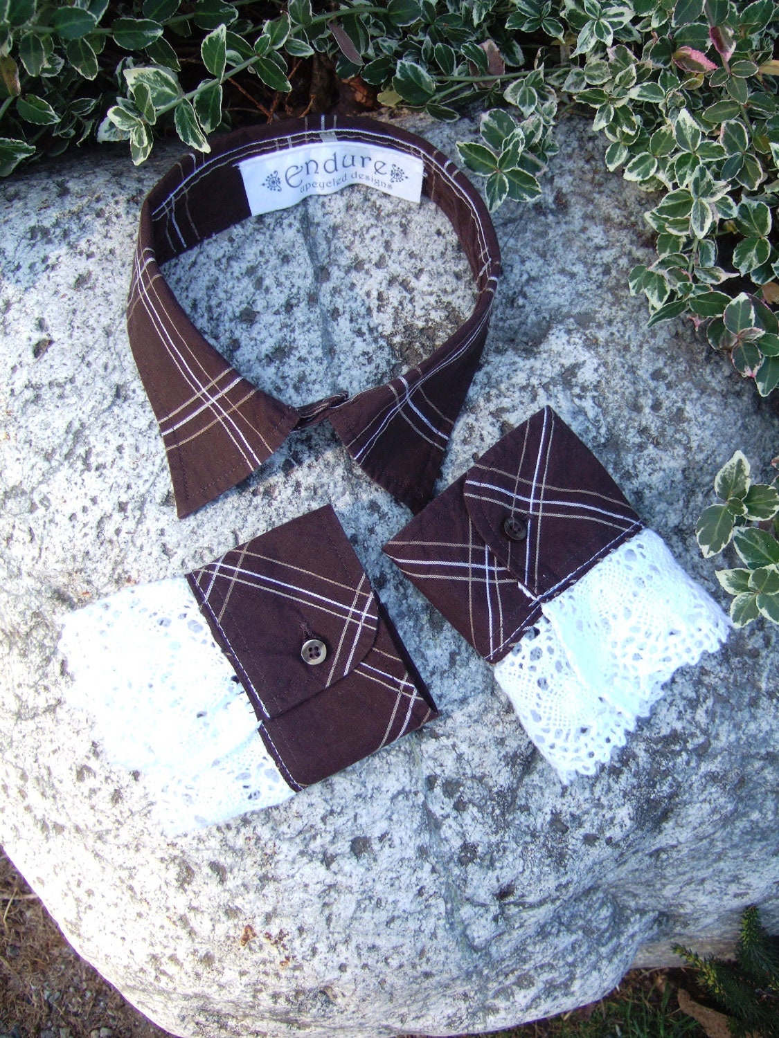 Upcycled Steampunk Clothing - Shirt Collar and Cuffs, Brown with White Lace Trim - Med Hatter - Alice in Wonderland